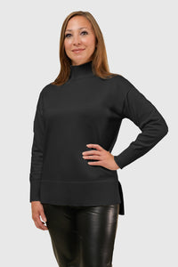 Ladies Hi-Lo Mock Neck Tunic Sweater-Black