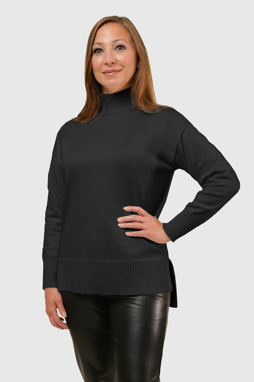 Ladies Hi-Lo Mock Neck Tunic Sweater-Black