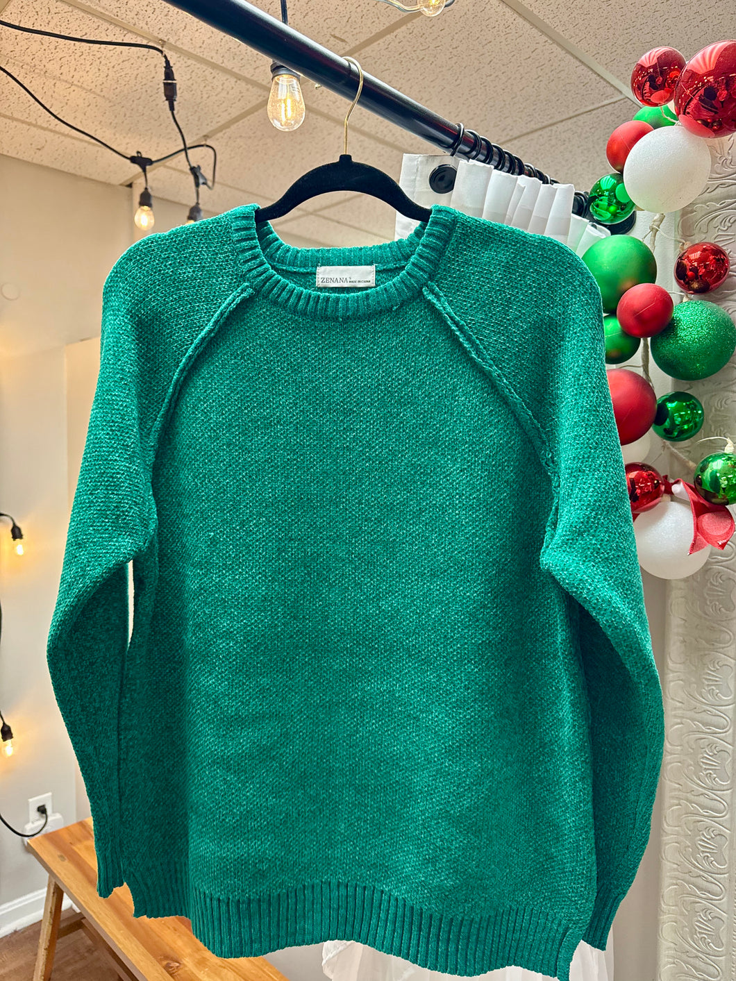 Ladies Side Split Chenille Raglan Sweater Kelly Green