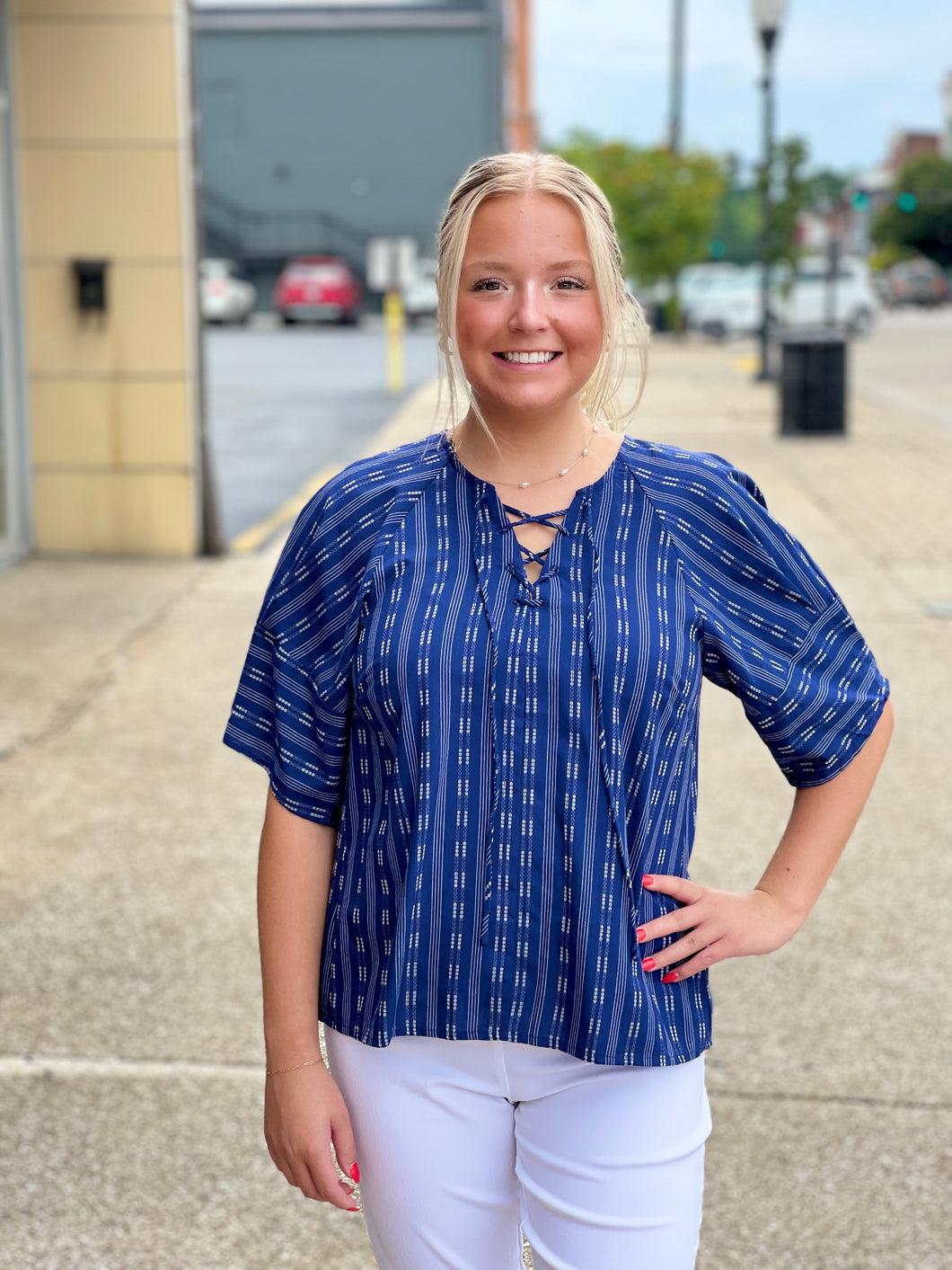 Ladies Navy Balloon Sleeve Top