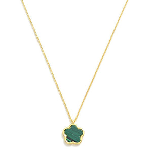 Gold Dipped Dainty Chain Link Necklace Featuring Flower Pendant- Green