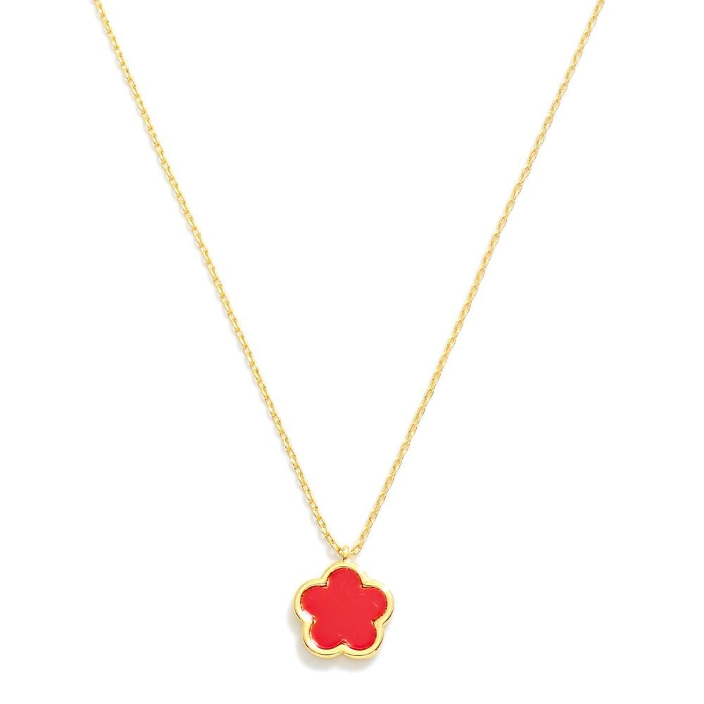 Gold Dipped Dainty Chain Link Necklace Featuring Flower Pendant- Red