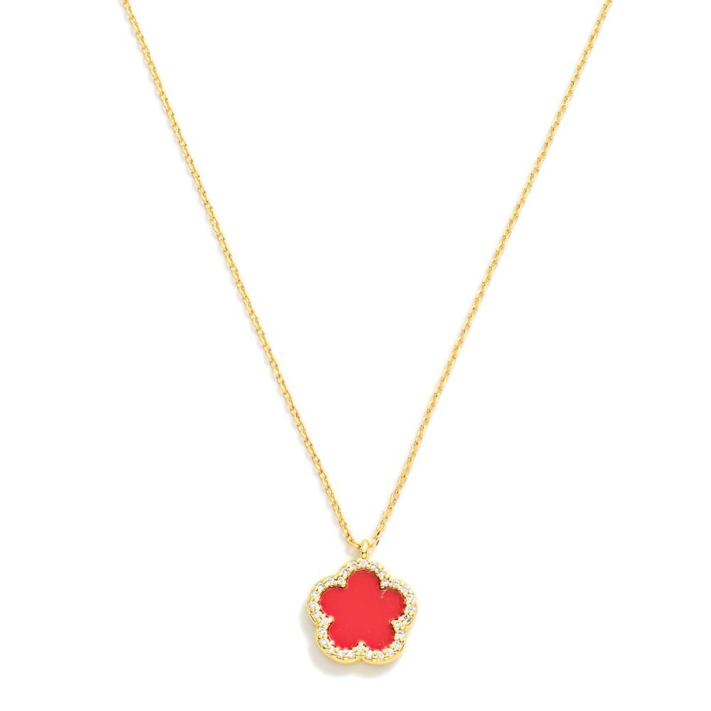 Gold Dipped Dainty Chain Link Necklace Featuring Flower Pendant With Rhinestone Border- Red