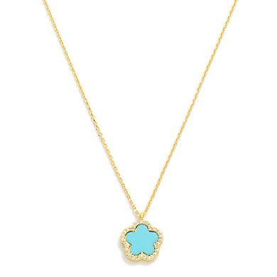 Gold Dipped Dainty Chain Link Necklace Featuring Flower Pendant With Rhinestone Border-Turquoise