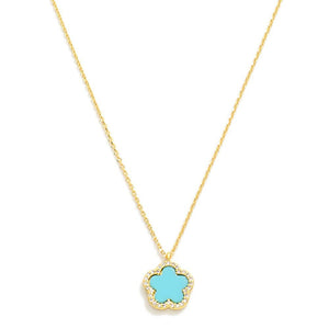 Gold Dipped Dainty Chain Link Necklace Featuring Flower Pendant With Rhinestone Border-Turquoise