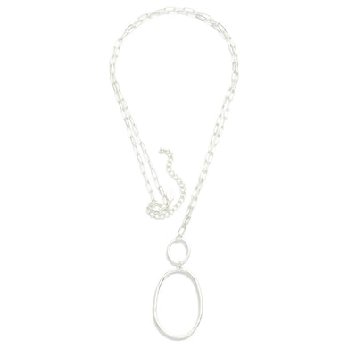 Long Chain Link Necklace Featuring Linked Metal Oval Pendant