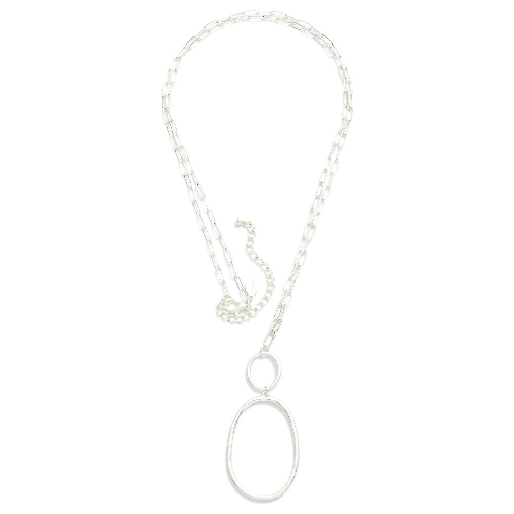 Long Chain Link Necklace Featuring Linked Metal Oval Pendant