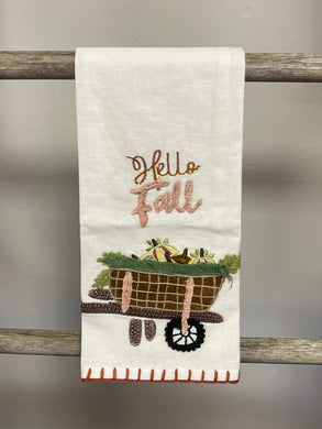 Embroidered Hello Fall Wheelbarrow Tea Towel 19X28