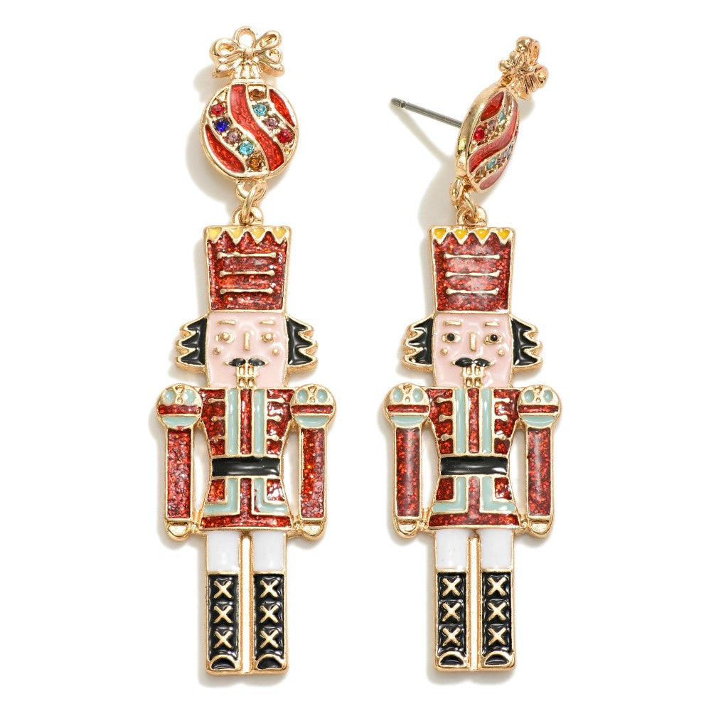 Glitter Accented Nutcracker Christmas Drop Earrings