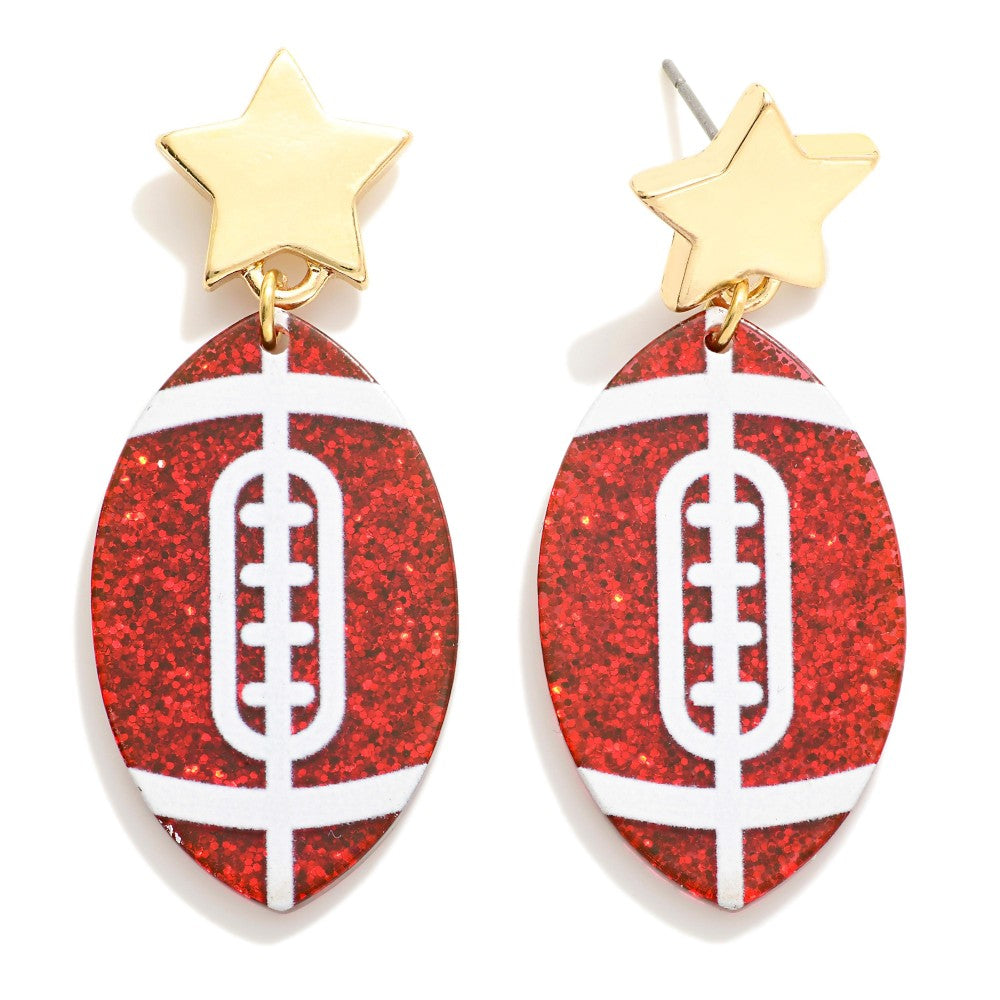 Burgandy And White Game Day Glitter Acetate Football Earrings Featuring Gold Tone Star Posts