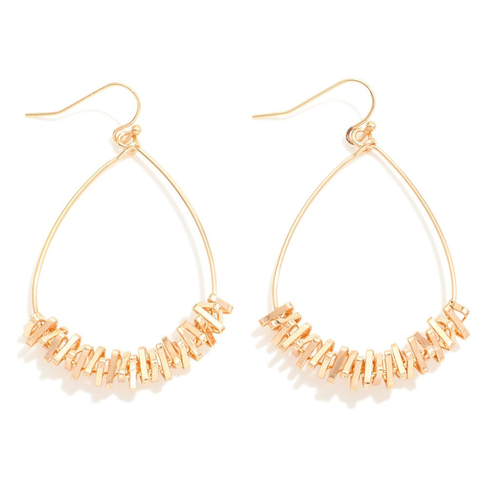 Gold Tone Teardrop Earrings With Zig-Zagging Metal Wire Wrap Detail