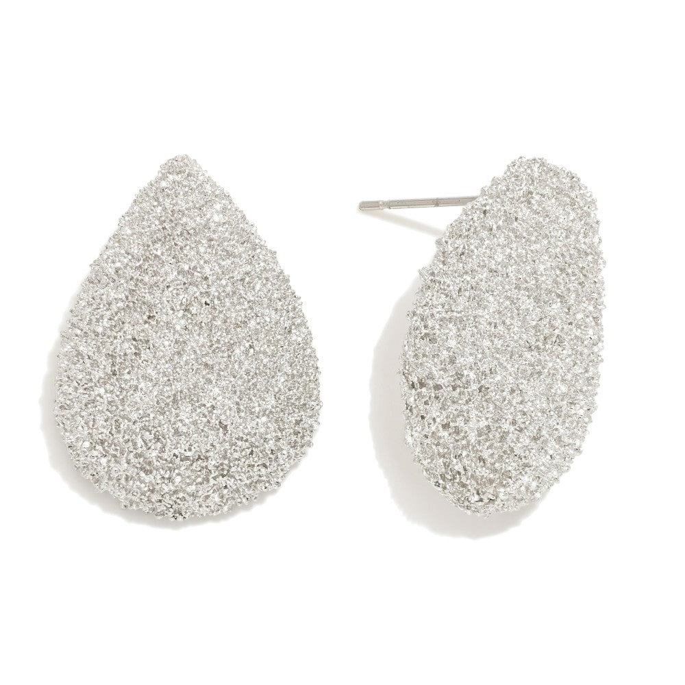 Textured Silver Tone Teardrop Post Drop Earrings