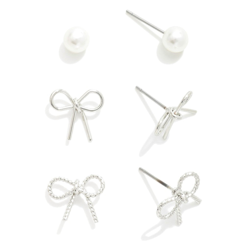 Set of Three Stud Earrings Featuring Bows and Simple Pearl Studs