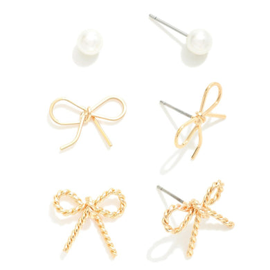 Set of Three Stud Earrings Featuring Metal Bows and Simple Pearl Studs