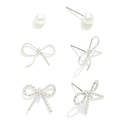 Set of Three Stud Earrings Featuring Metal Bows and Simple Pearl Studs