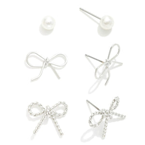 Set of Three Stud Earrings Featuring Metal Bows and Simple Pearl Studs