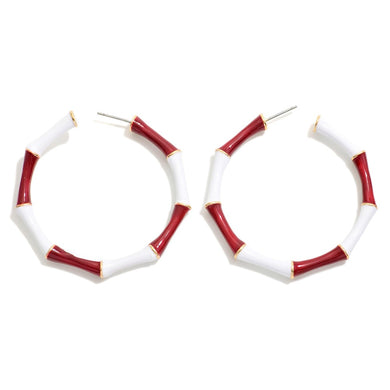 Enamel Coated Metal Bamboo Alternating Game Day Colors Hoop Earrings- Maroon And White