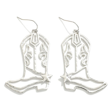 Silver Tone Metal Cowboy Boot Outline Drop Earrings