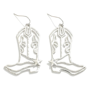 Silver Tone Metal Cowboy Boot Outline Drop Earrings