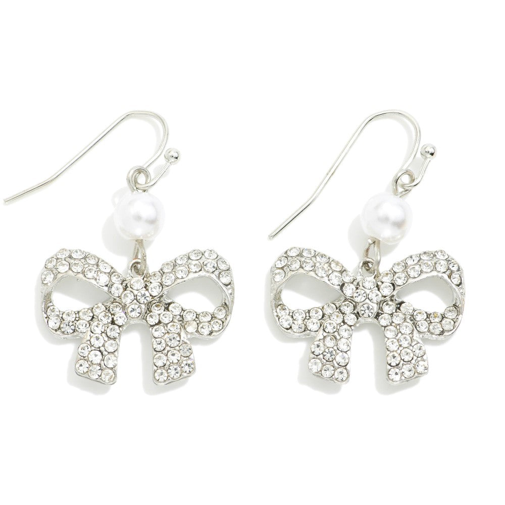 Rhinestone Studded Bow Drop Earrings With Pearl Detail