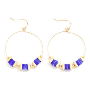 Royal Beaded Drop Hoop Earrings Featuring Square Stone & Metal Tone Beads