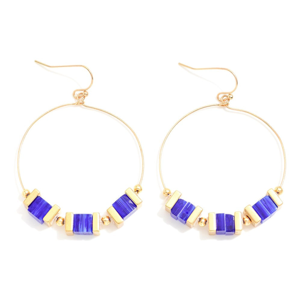 Royal Beaded Drop Hoop Earrings Featuring Square Stone & Metal Tone Beads