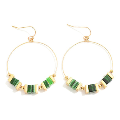 Green Beaded Drop Hoop Earrings Featuring Square Stone & Metal Tone Beads