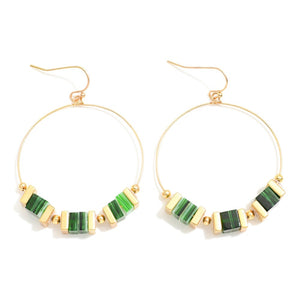 Green Beaded Drop Hoop Earrings Featuring Square Stone & Metal Tone Beads