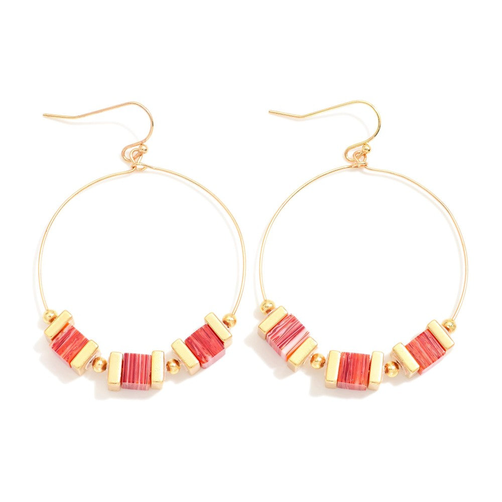 Red Beaded Drop Hoop Earrings Featuring Square Stone & Metal Tone Beads