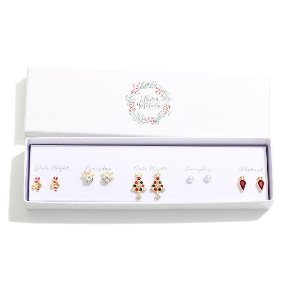 Set Of Five Christmas Stud Earrings Featuring Rhinestones, Pearls, & Metal Tones