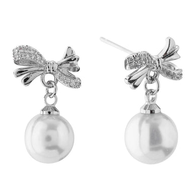 Gold Dipped Cubic Zirconia Bow Post Drop Earrings With Pearl Detail