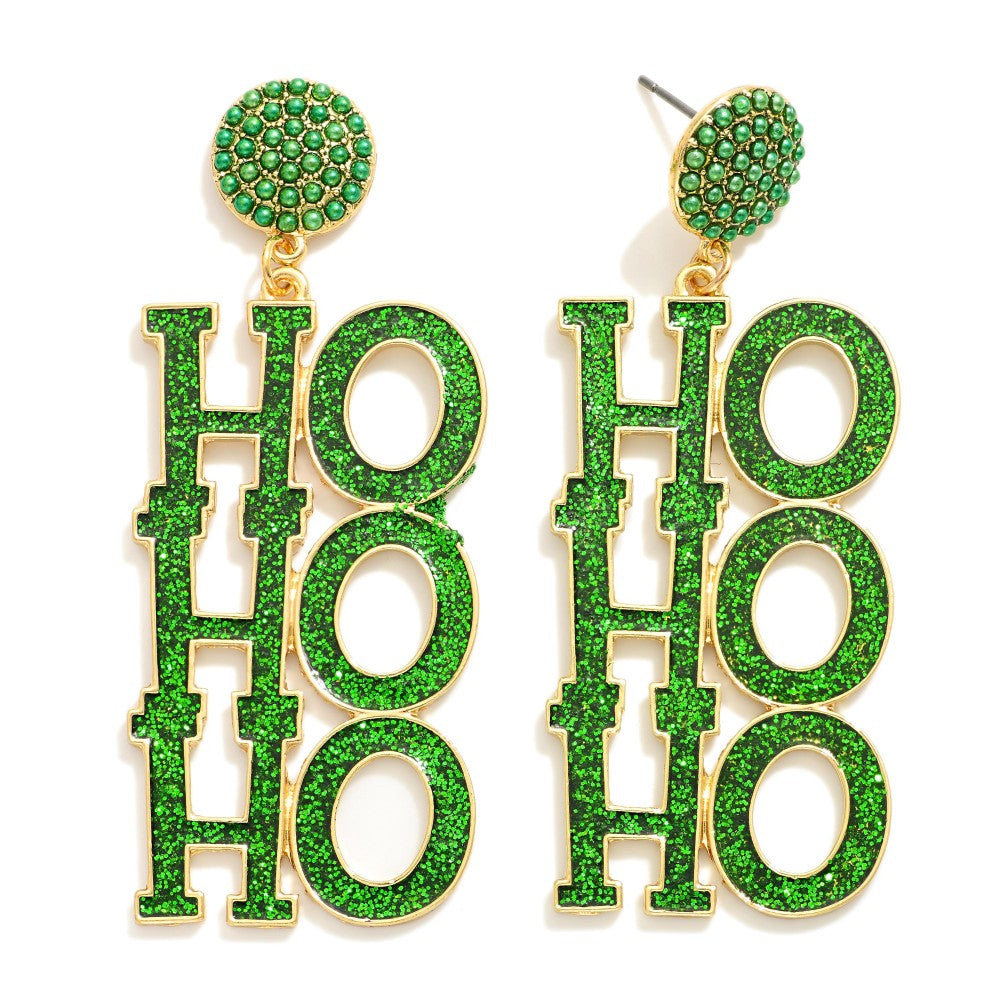 HO HO HO Glitter Post Drop Earrings Featuring Pave Bead Post