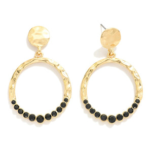 Hammered Circle Drop Earrings Featuring Rhinestone Circle