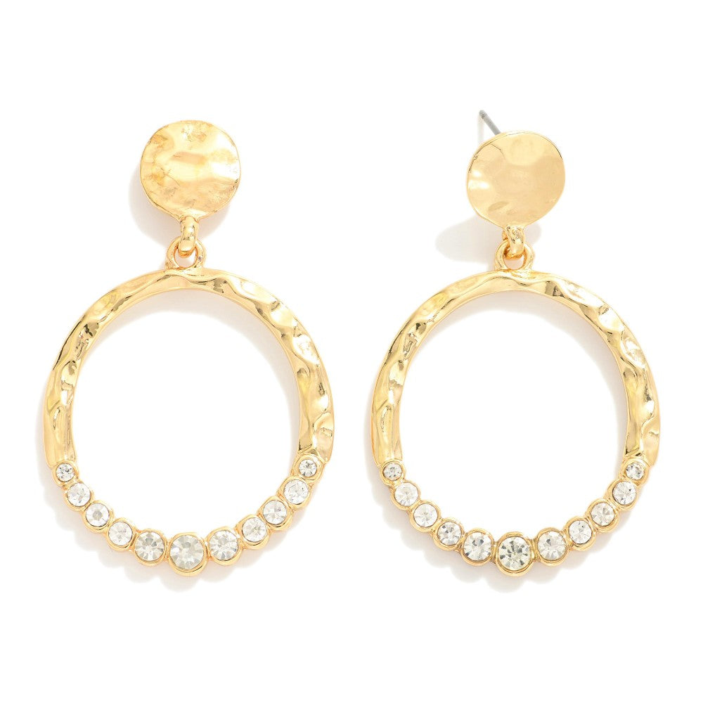 Hammered Circle Drop Earrings Featuring Rhinestone Circle