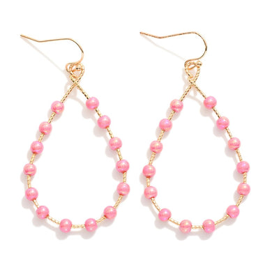 Pink Wire Teardrop Drop Earrings Featuring Iridescent Bead Details