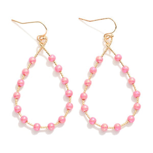 Pink Wire Teardrop Drop Earrings Featuring Iridescent Bead Details