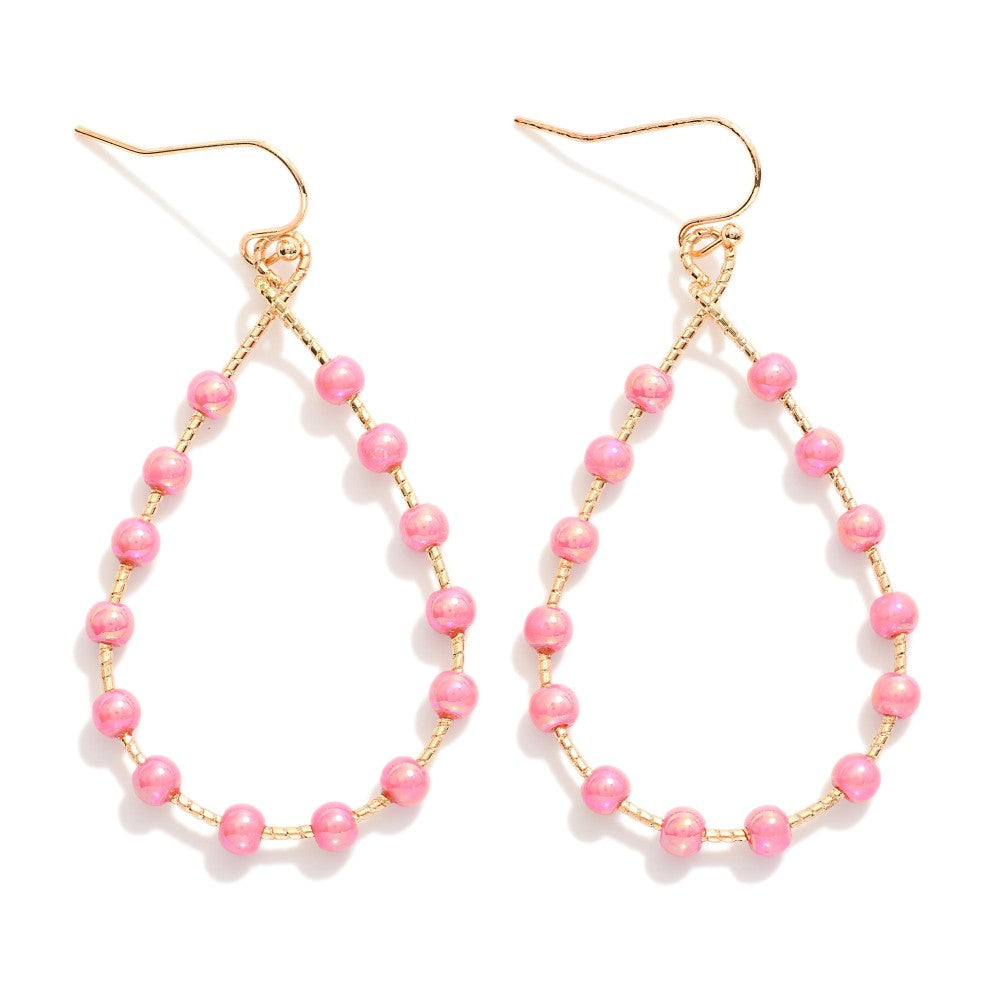 Pink Wire Teardrop Drop Earrings Featuring Iridescent Bead Details