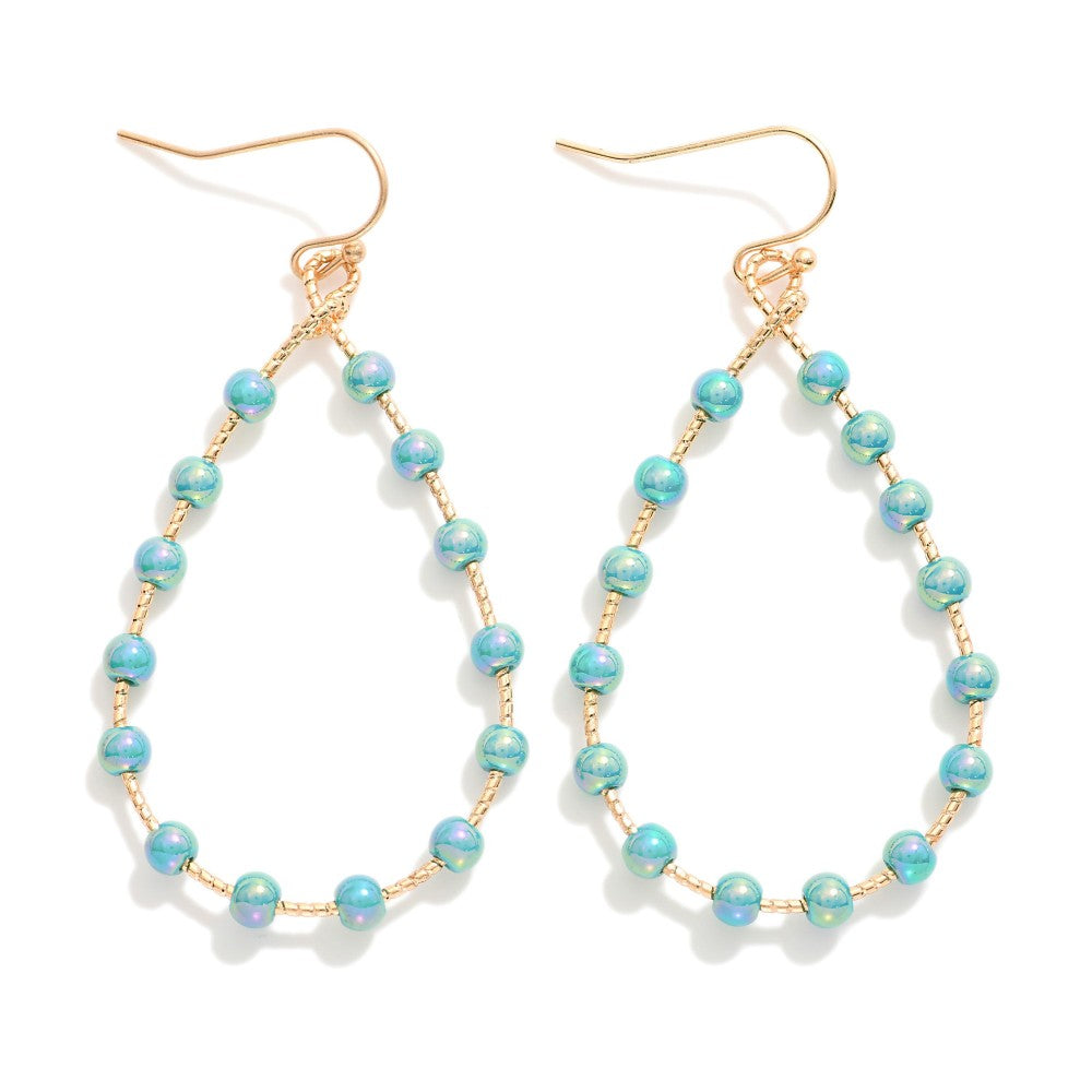 Wire Teardrop Drop Earrings Featuring Iridescent Bead Details