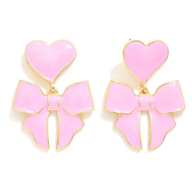 Pink Enamel Linked Heart & Bow Post Drop Earrings