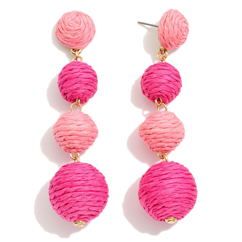 Pink Linked Raffia Wrapped Balls Post Drop Earrings