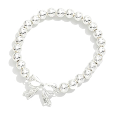 Silver Tone Beaded Stretch Bracelets With Bow Charm