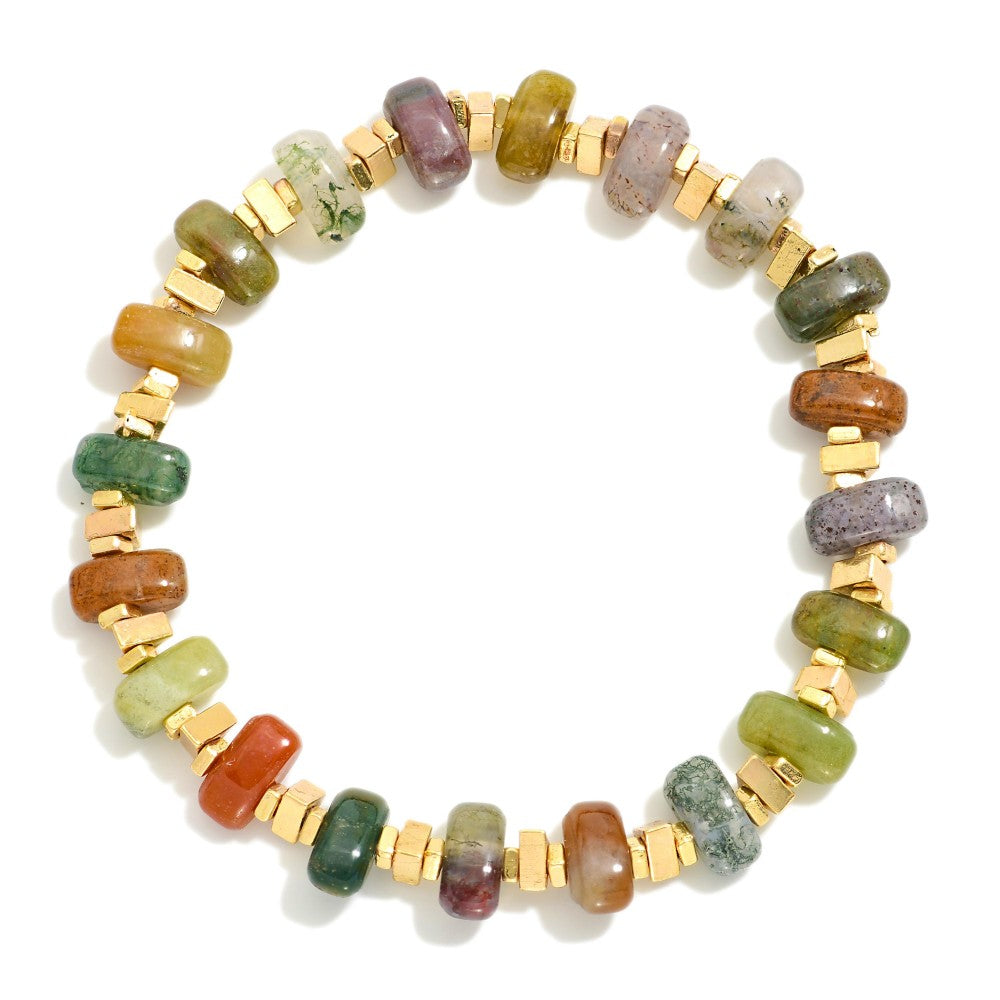 Natural Stone Beaded Bracelet With Metal Tone Accents