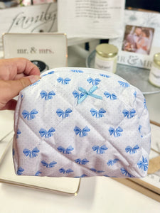 Quilted Puffer Blue Bow Print Makeup Pouch