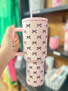 Pink Elegance 38 oz Stainless Steel Tumbler With Black Mini Coquette Bows