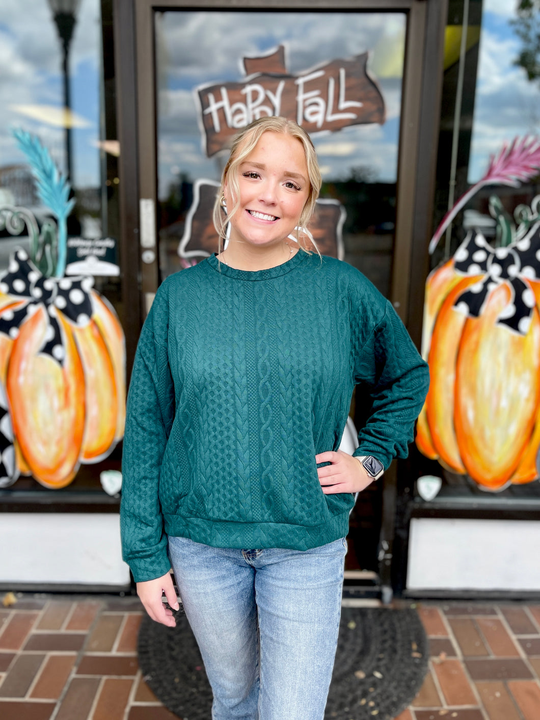 Ladies Dark Green Jacquard Pullover Top