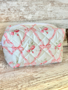 Quilted Stitched Makeup Pouch With Flower & Bow Print