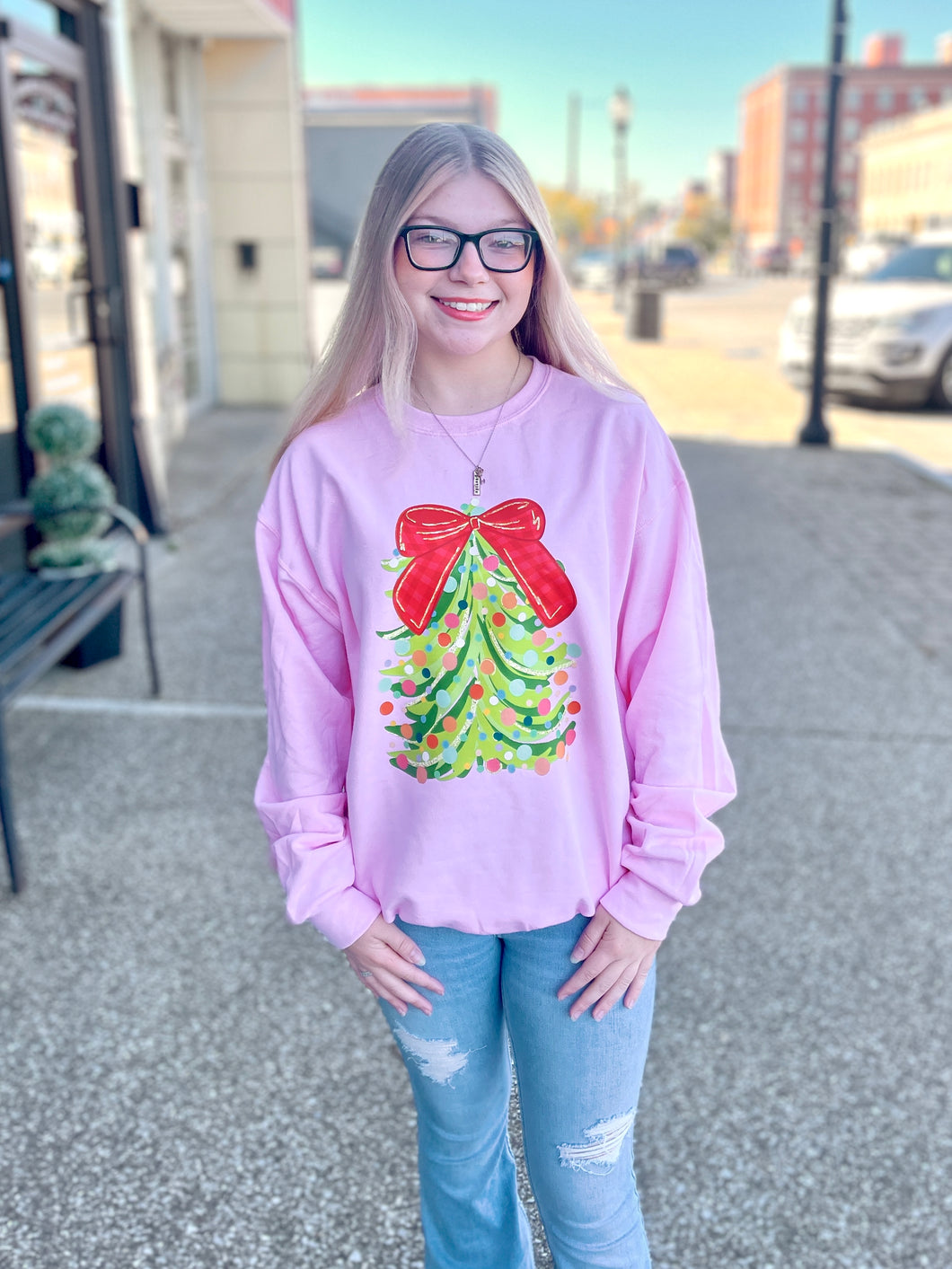 Christmas Tree Bow Pink Soft Unisex Sweatshirt