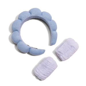 Blue Puffy Plush Spa Headband With Matching Face Wash Wrist Bands