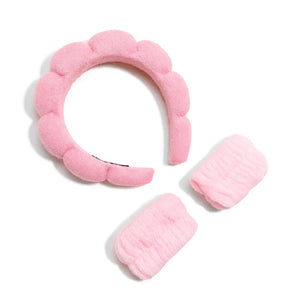 Pink Puffy Plush Spa Headband With Matching Face Wash Wrist Bands