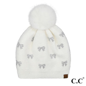 C.C Allover Rhinestone Mini Bow Pom Beanie